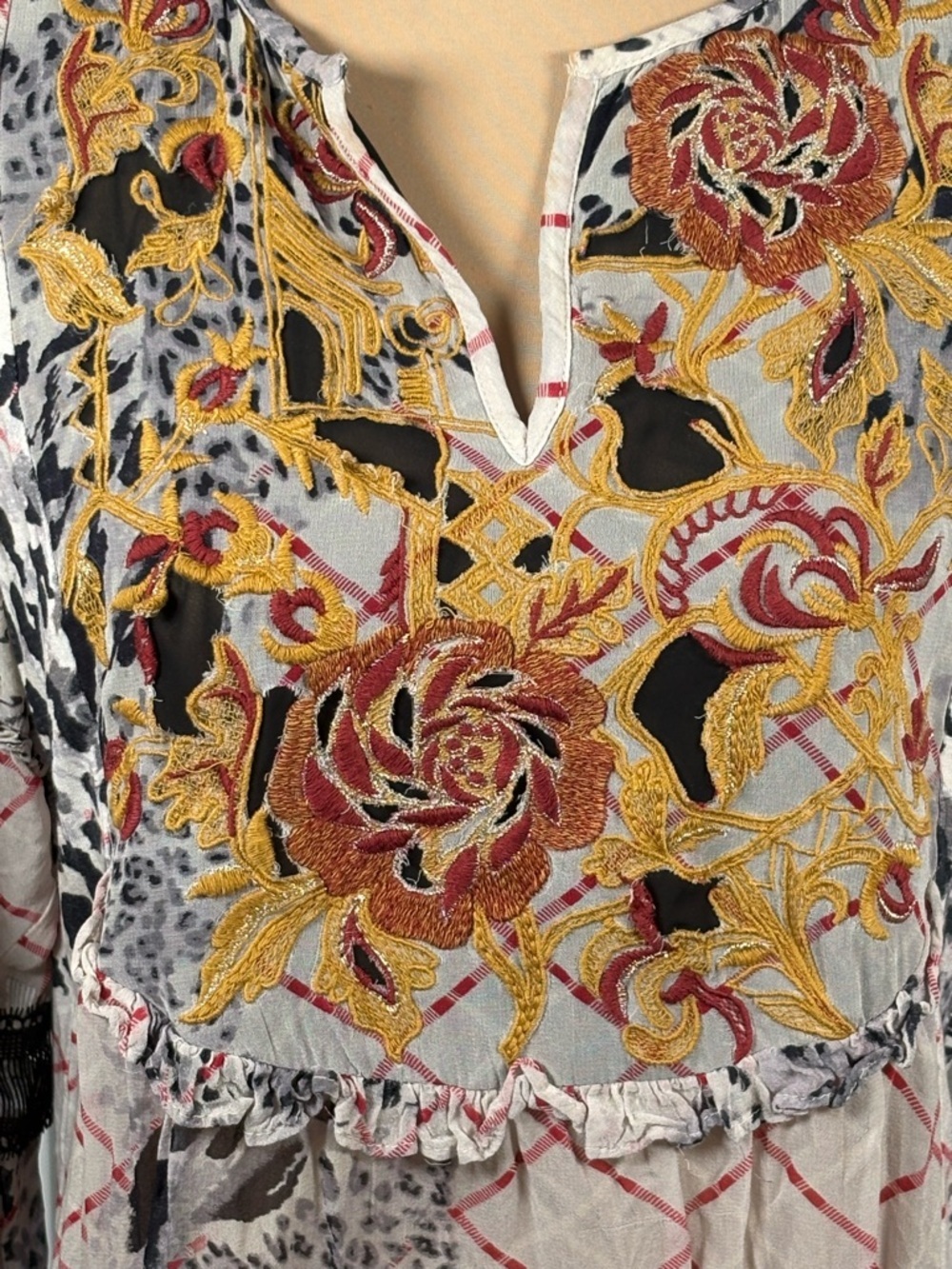 Anthropologie White Mixed-Print Embroidered Peasant Blouse - Picture 9 of 13